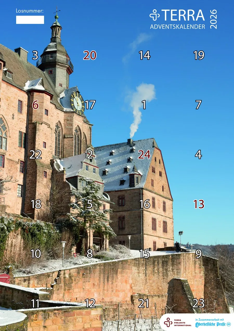 Titelbild des TERRA Adventskalenders 2026: das Marburger Schloss im Schnee, darauf die Türchennummern 1 bis 24.