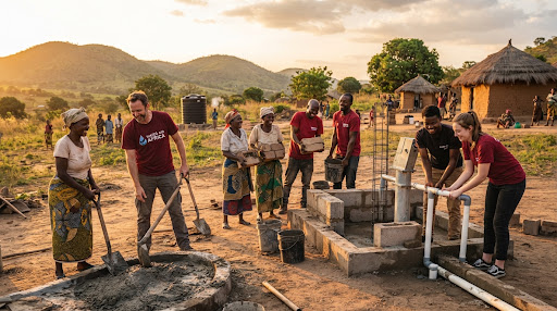 Helfer*innen und Gemeindemitglieder bauen gemeinsam eine Wasseranlage im ländlichen Raum, warmes Abendlicht