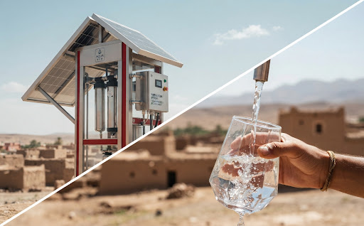 Nachhaltige Wasseraufbereitungsanlage in einer Trockenregion, klares Wasser fließt aus einem Hahn